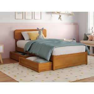 Capri Light Toffee Natural Bronze Solid Wood Frame Twin Platform Bed with Panel Footboard and Storage Drawers