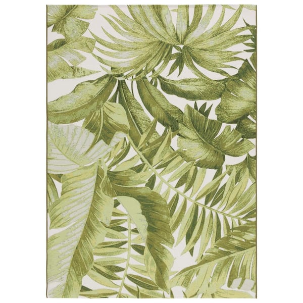 Barbados Ivory/Green 8 ft. x 10 ft. Multi-Leaf Tropical Indoor/Outdoor Patio Area Rug