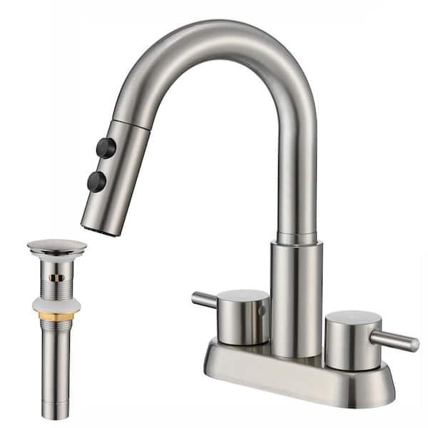 4 in. Centerset Double Handle Pull Down Bathroom Sink Faucet with 2 Modes Sprayer and Pop-Up Drain in Brushed Nickel