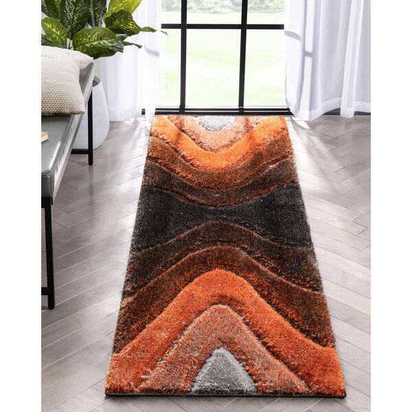 San Francisco Luz Modern Geometric Shag Hand-Carved, Grey Orange 2 ft. 3 in. x 7 ft. 3 in. Runner, Area Rug