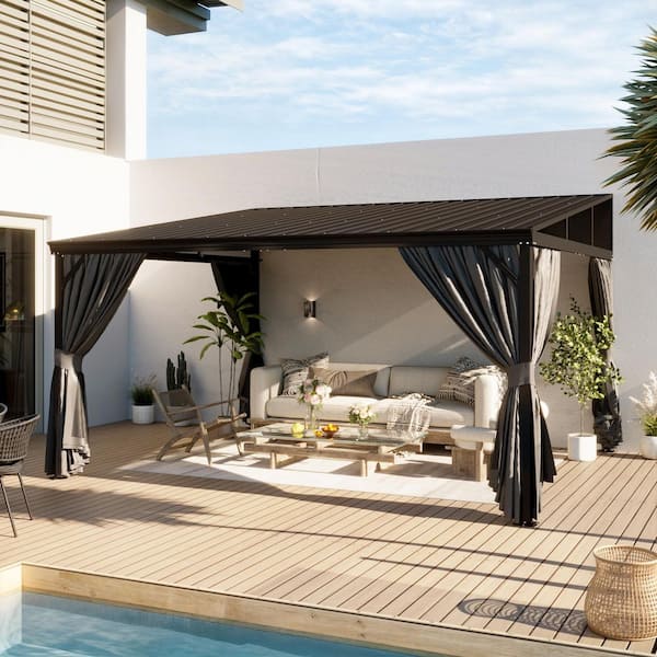 12 ft. x 14 ft. Hardtop Wall Mounted Gazebo with Sloping Galvanized Steel Roof, Wall Pergola with Aluminum Frame