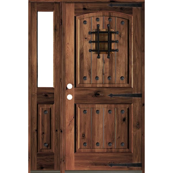 50 in. x 80 in. Mediterranean Knotty Alder Right-Hand/Inswing Clear Glass Red Mahogany Stain Wood Prehung Front Door