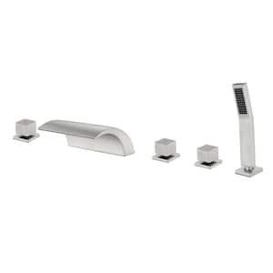 3-Handle Tub-Mount Roman Tub Faucet with Hand Shower in Brushed Nickel