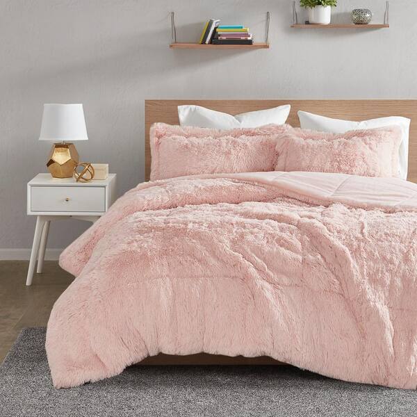New Super Soft Snow Blush Faux Mink Fur 3 pcs Cal King Queen Comforter Set 