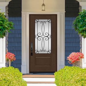 Regency 36 in. x 96 in. 3/4Lite Georgian Decorative Glass RHIS Hickory Mahogany Fiberglass Prehung Front Door