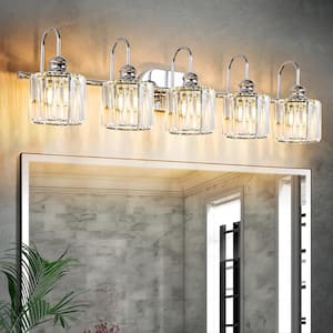 Avenlur 37.4 in. 5-Light Glam Chrome Crystal Bathroom Vanity Light Over Mirror Dimmable Linear Luxury Wall Light