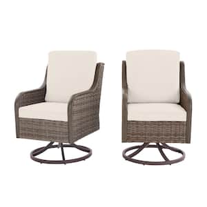 Windsor Brown Wicker Outdoor Patio Swivel Dining Chair with CushionGuard Almond Tan Cushions (2-Pack)