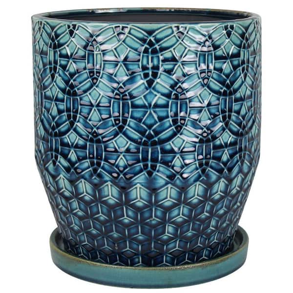 Trendspot 10 in. Dia Blue Rivage Ceramic Planter