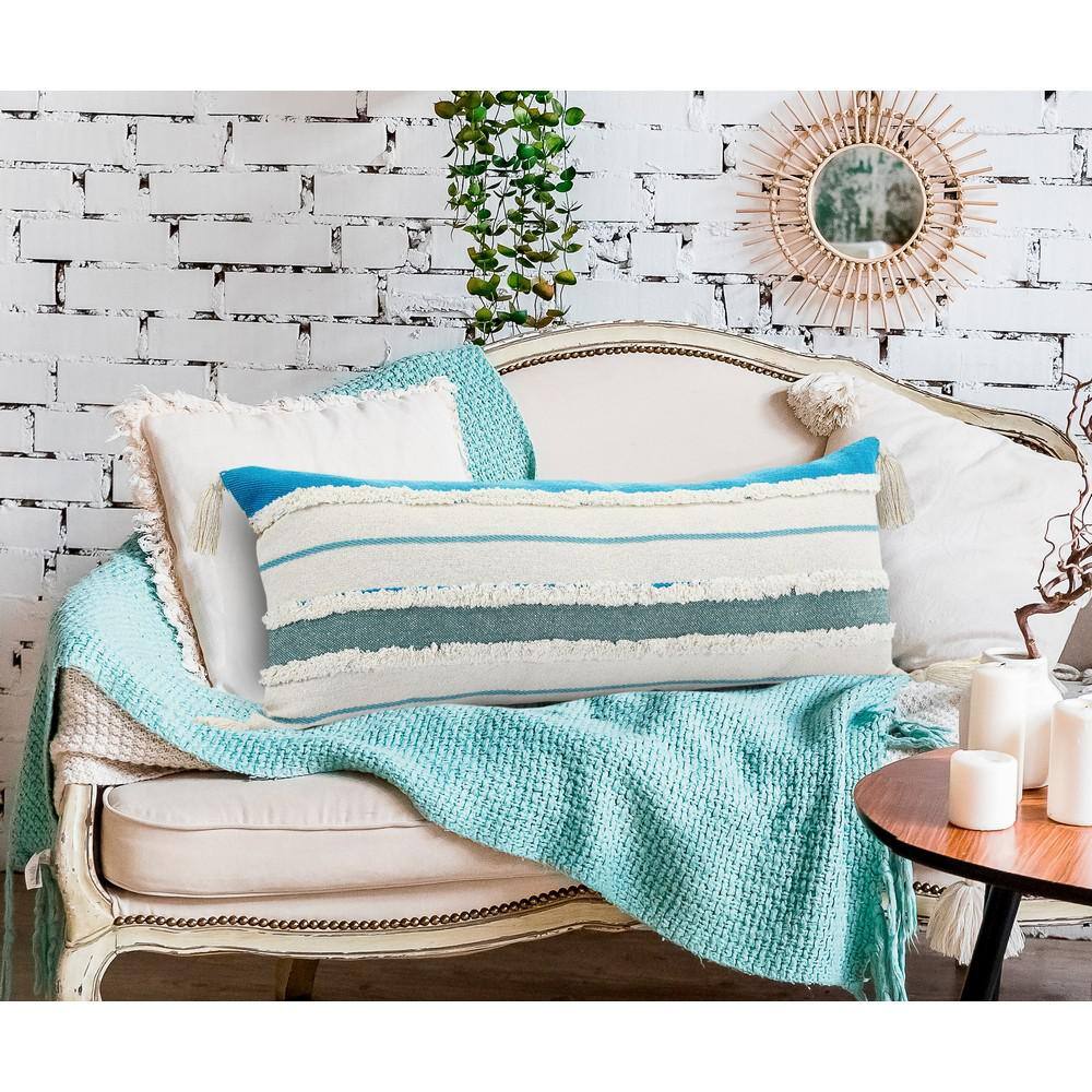 Aqua and White Bohemian Quarry Striped Lumbar Pillow, 14" x 36"