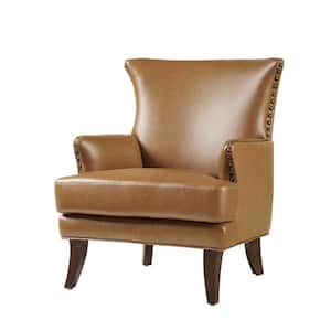 Bonnot Transitional Camel Faux Leather Wingback Armchair with Nailhead Trim and T-Cushion