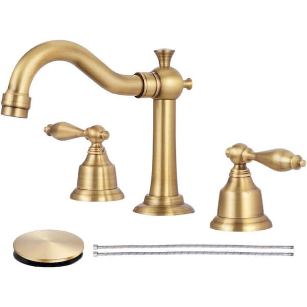 Double Handles 8 in. Widespread Bathroom Faucet 3-Hole Sink Faucet with Pop-Up Drain in Antique Brass