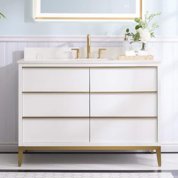 ANGELES HOME 48 in. W x 22 in. D x 35 in. H Single Sink Solid Wood Bath Vanity in White with White Quartz Top,Soft-Close 6 Drawers