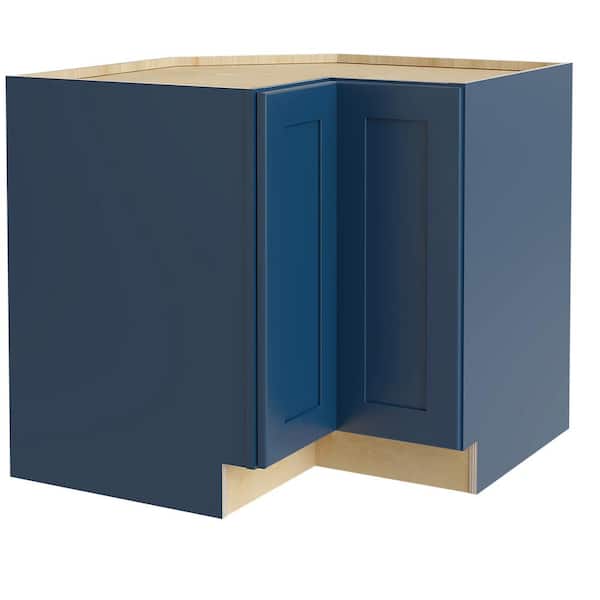Newport 33 in. W x 24 in. D x 34.5 in. H Assembled Plywood Corner Easy Reach Base Kitchen Cabinet in Mythic Blue RH