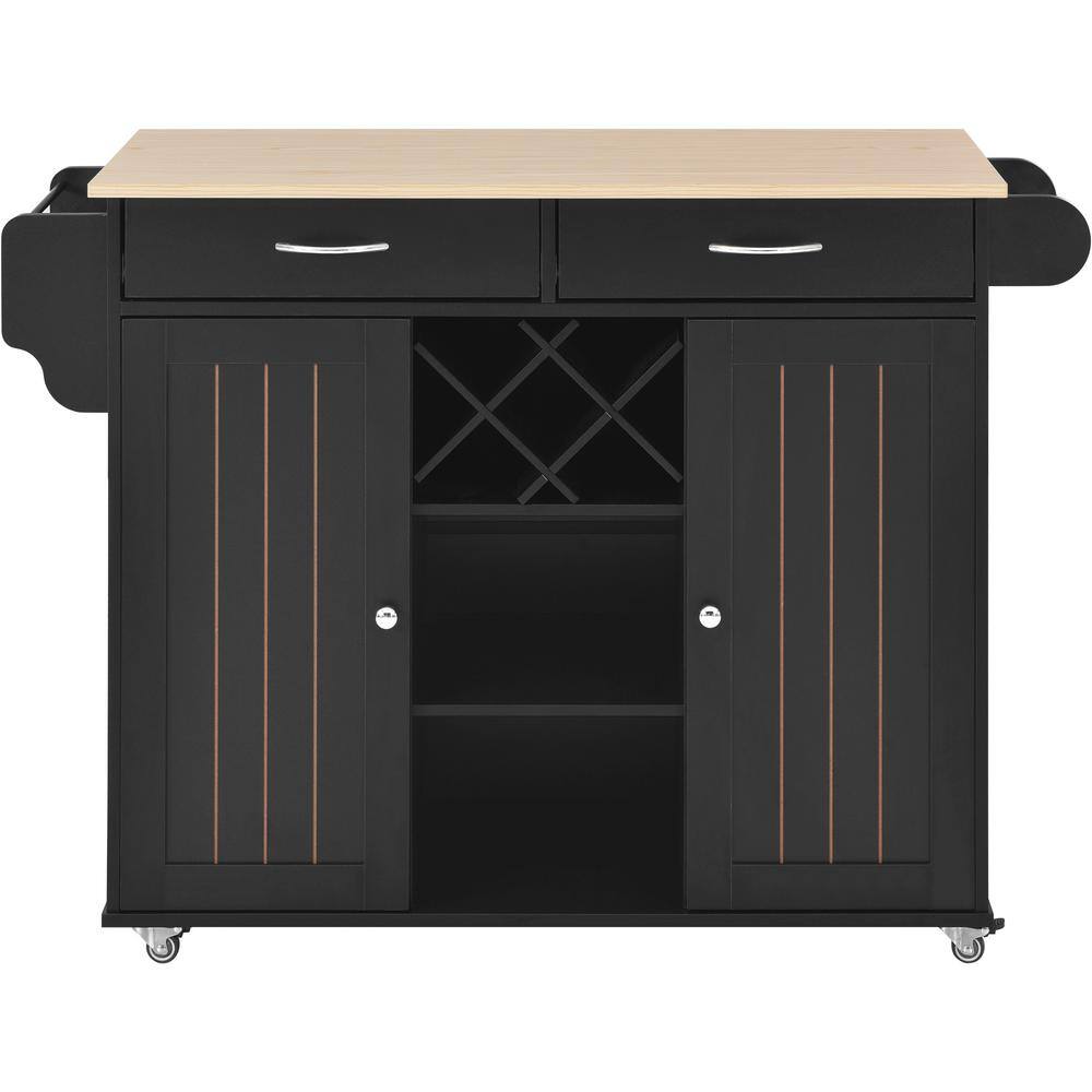 Black MDF Wood 48 in. W Kitchen Island with Two Storage Cabinets and ...