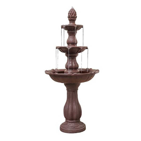 XBRAND 3-Tier Water Fountain with Pump and Pineapple Top, 51 in. Tall, Brown, Large Outdoor Freestanding Waterfall Decor