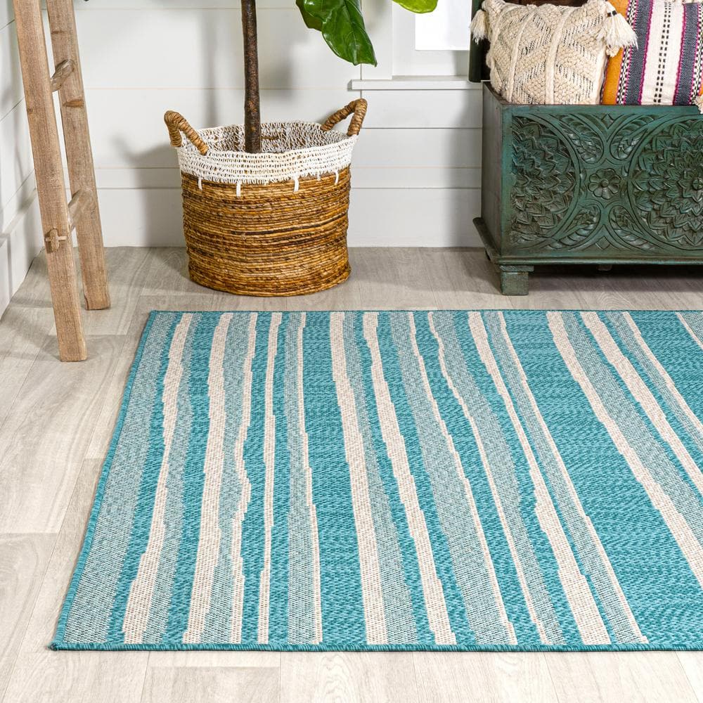 Aqua and Cream Stripe Synthetic 4' x 6' Indoor/Outdoor Rug