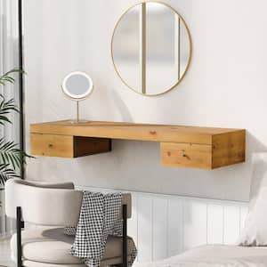 Floating Style Natural Wall-Mounted Makeup Vanity Table with 2-Drawers (Mirror, Stool Not Included)
