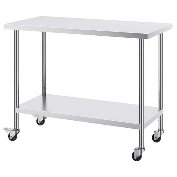 Stainless Steel Work Table 24 x 48 x 38 In. with 4 Wheels, Silver Kitchen Prep Table, 3 Adjustable Height Levels