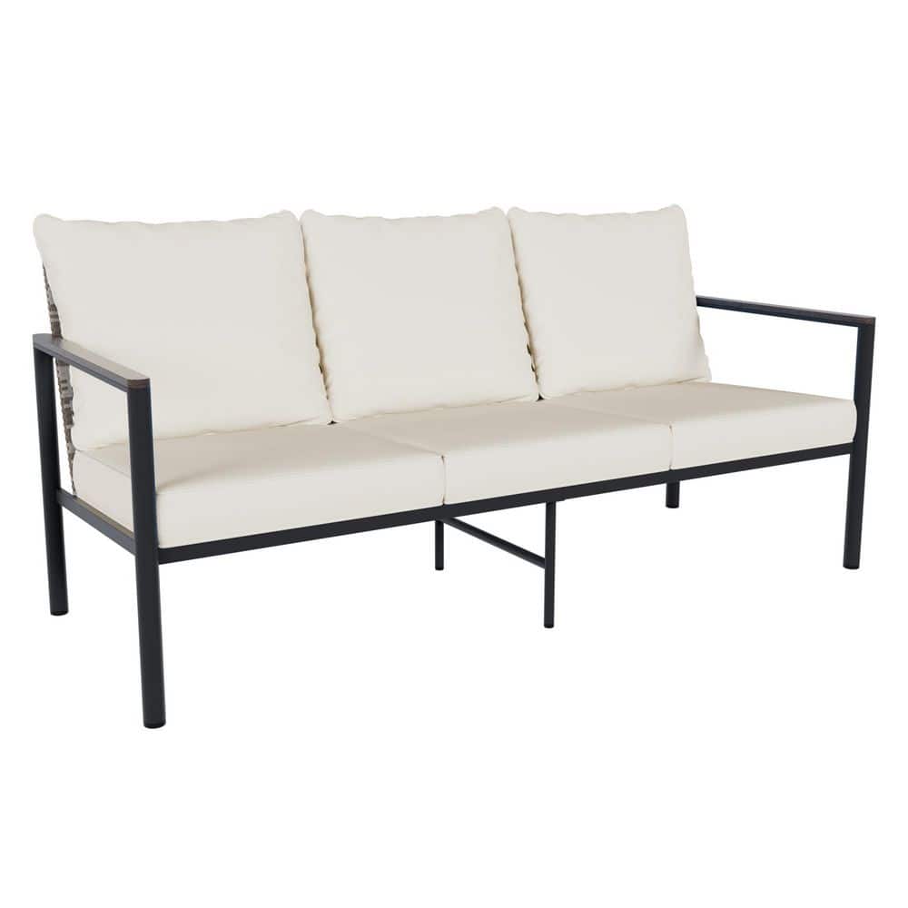 3-Seat Wicker Outdoor Patio Steel Frame Couch with Beige Cushions price history on PriceWatchPro