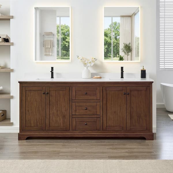 Avery 80 in. Double Freestanding Dark Walnut with Matte Black Trim Bath Vanity with White Quartz Top
