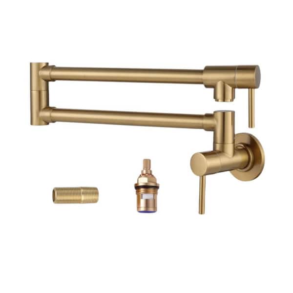 Folding Wall Mount Stretchable Double Joint Swing Arm Pot Filler Copper Rotatable Faucet in Brushed Gold