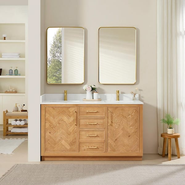 Jakarta 60 in. W x 22 in. D x 34 in. H Double Bath Vanity in Oak Natural Brown with Silk White Quartz Stone Top