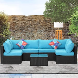Black 7-Piece Wicker Outdoor Patio Conversation Set Sectional Set with Blue Cushions