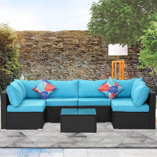 Unbranded Black 7-Piece Wicker Outdoor Patio Conversation Set Sectional Set with Blue Cushions