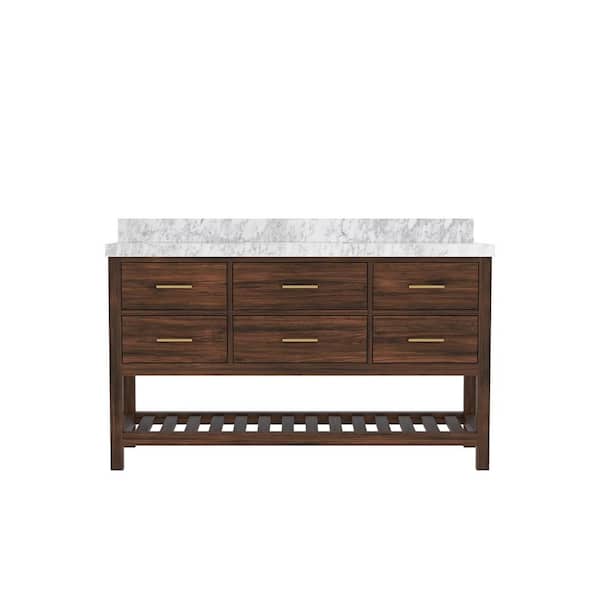 Willow Collections Parket Teak 60 in. W x 22 in. D x 36 in. H Single Sink Bath Vanity in Dark Walnut with Carrara Marble Top