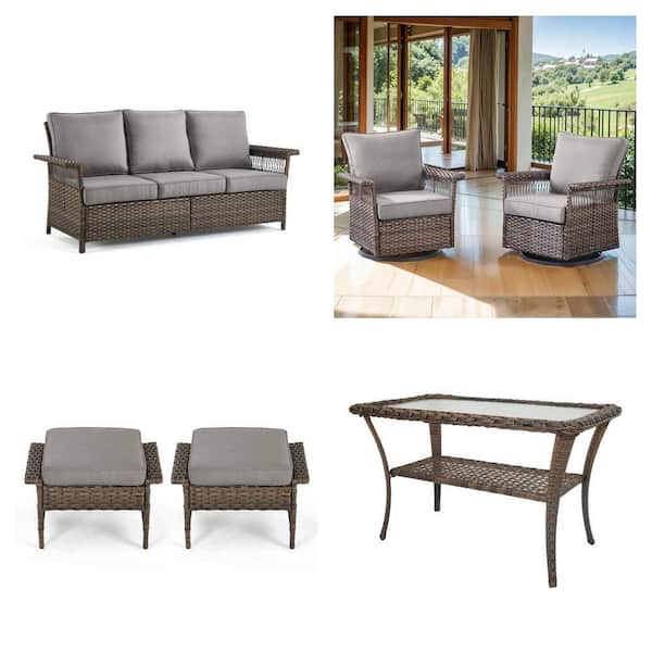Seagull Wicker Outdoor Sofa, Rocking Chair, 2-Pack Ottoman and Glass Side Table Combo
