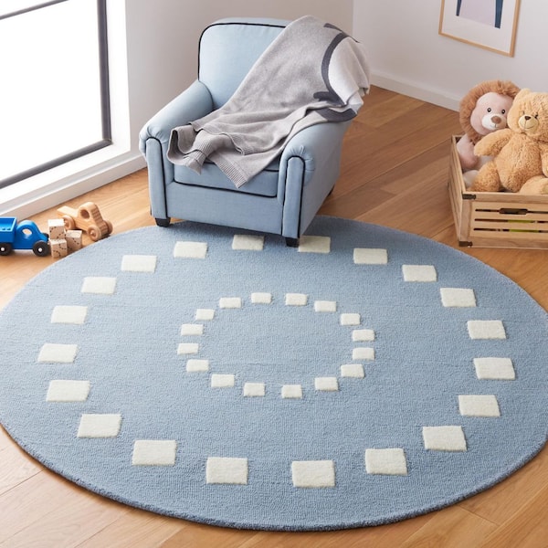 Kids 4 ft. x 4 ft. Blue/Ivory Geometric Border Radial Round Area Rug