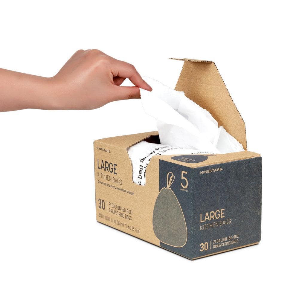 Extra Strong White Trash Bags with Drawstring Closure, 21 Gallon, 30 Count