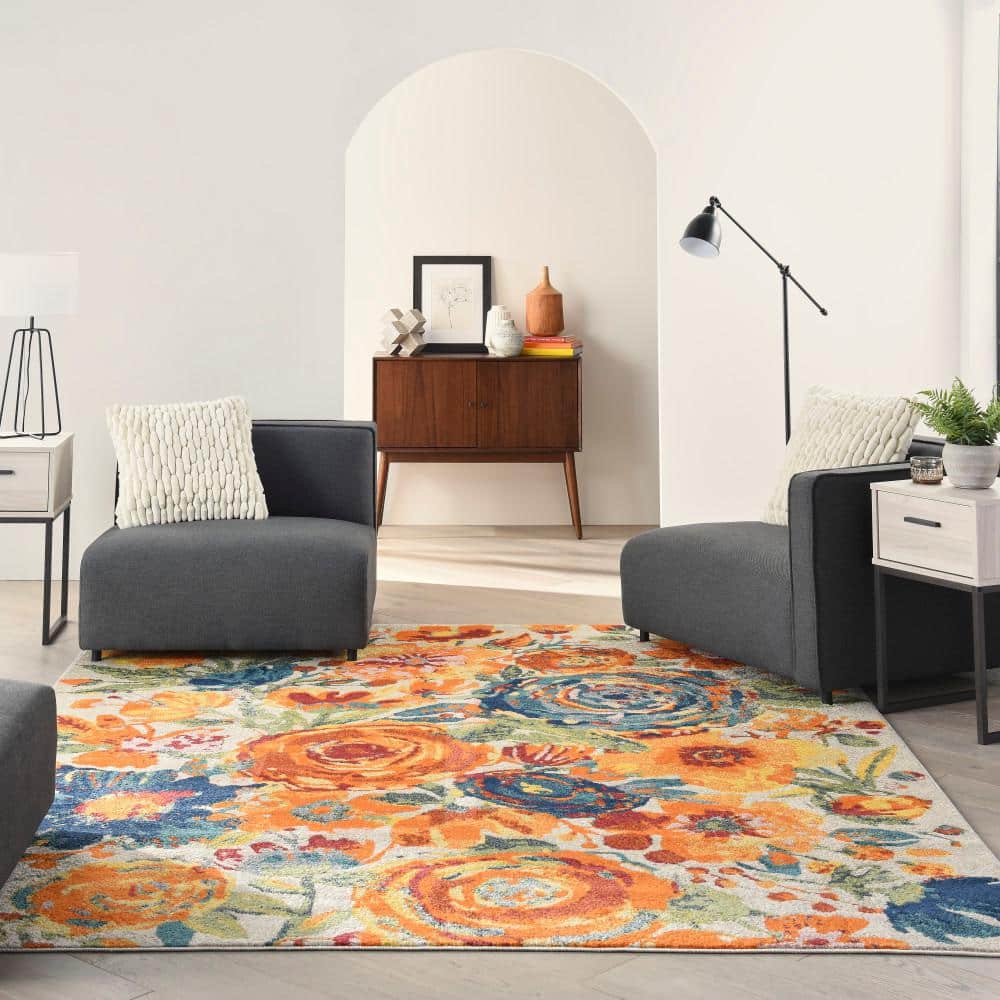 Ivory Floral Synthetic 8' x 10' Rectangular Area Rug