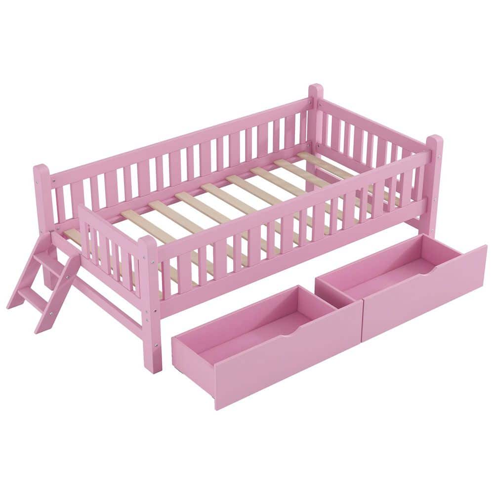 White Wood Frame Twin Size Platform Bed with Guardrail and 2-Drawers - thumbnail 5