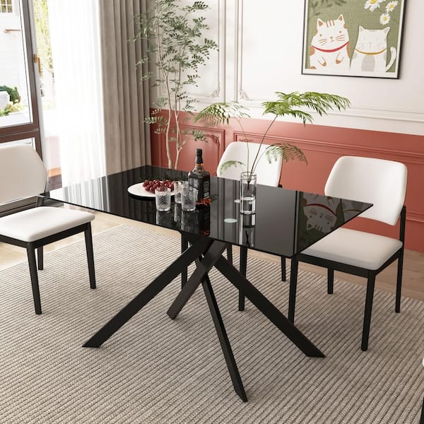 51.18 in. Rectangular Clear Tempered Glass Table with Black Metal Cross Legs Dining Table, Seating Capacity 4-6 people