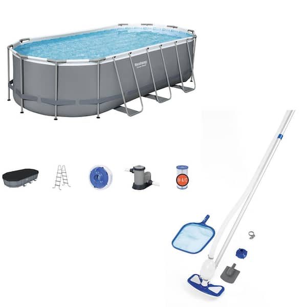 Bestway 18 ft. x 9 ft. Oval-Shaped 48 in. D Above Ground Pool Set with Pump and Cleaning Kit, Metal Frame Pool