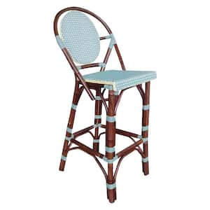Paris Bistro 47.2 in. Blue High Back Rattan 47.2 in. Barstool with Pe Plastic All-Weather Weaving Fiber Seat