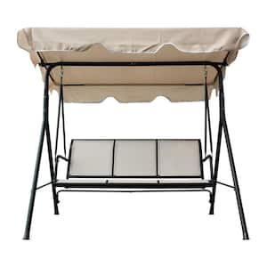 42.5 in. 3-Person Black Adjustable Metal Patio Swing with Beige Canopy