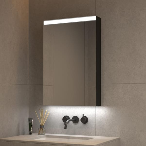 tunuo 20 in. W Wx 30 in. H Rectangular Aluminum Medicine Cabinet with Mirror in Black, LED Light (Right)