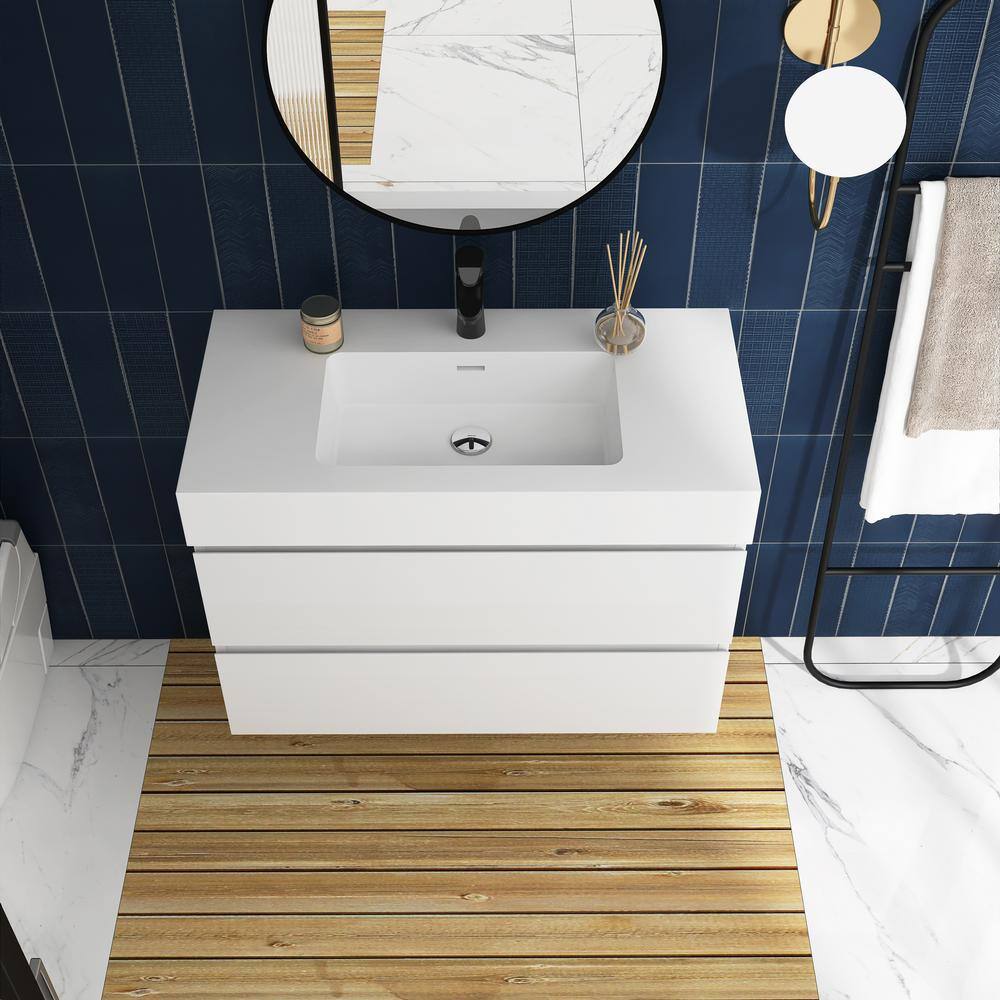 White MDF Wall-Mounted Bathroom Vanity with Resin Sink, 36"