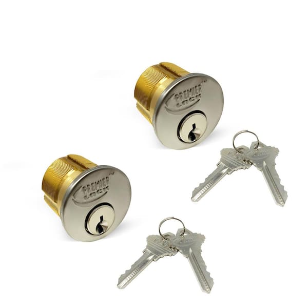 Premier Lock 15/16 in. Solid Brass Mortise Cylinder with Stainless Steel with SC1 (Pack of 2, Keyed Alike)