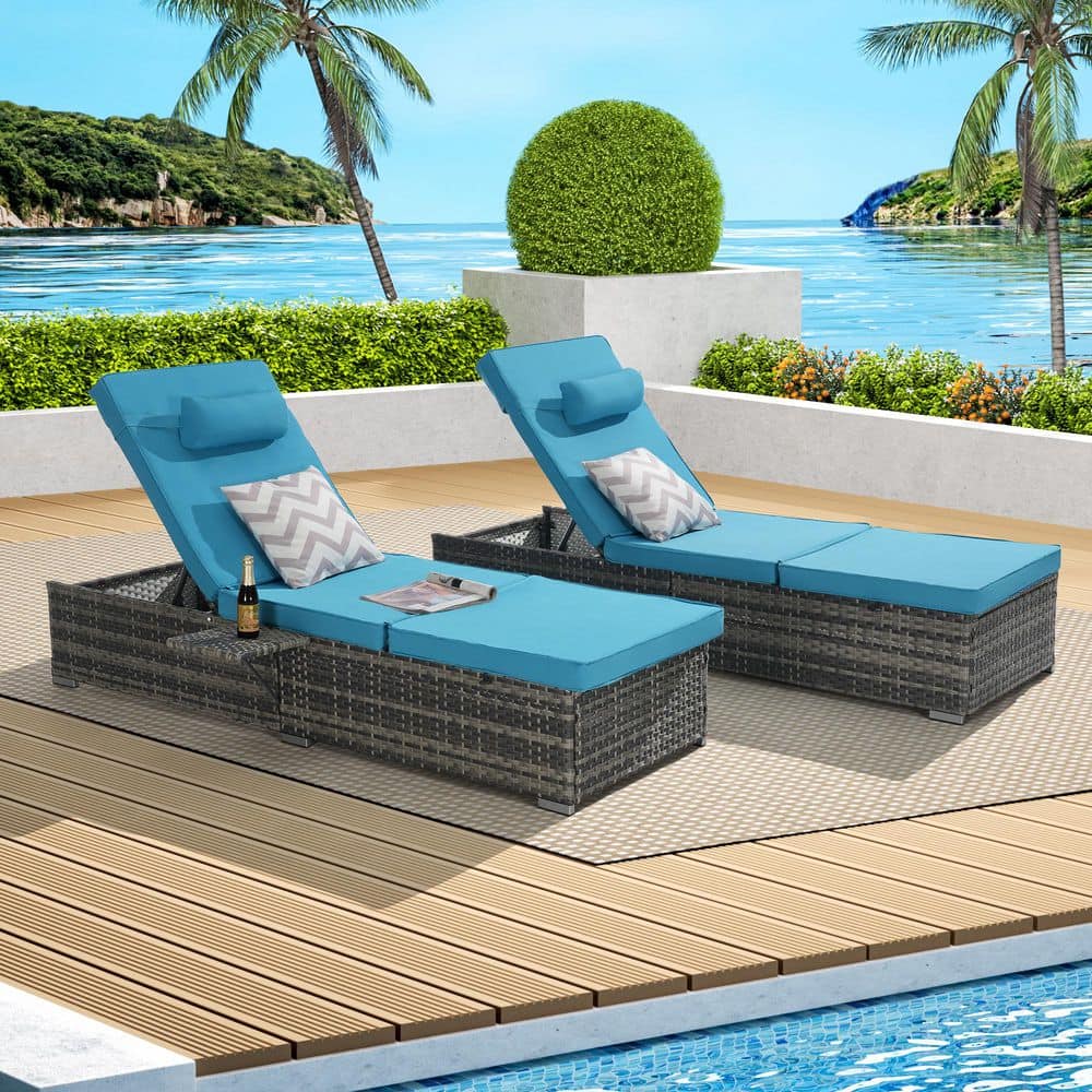 Hot Sell 2-Pack Grey PE Rattan Metal Outdoor Patio Chaise Lounge Chairs wit