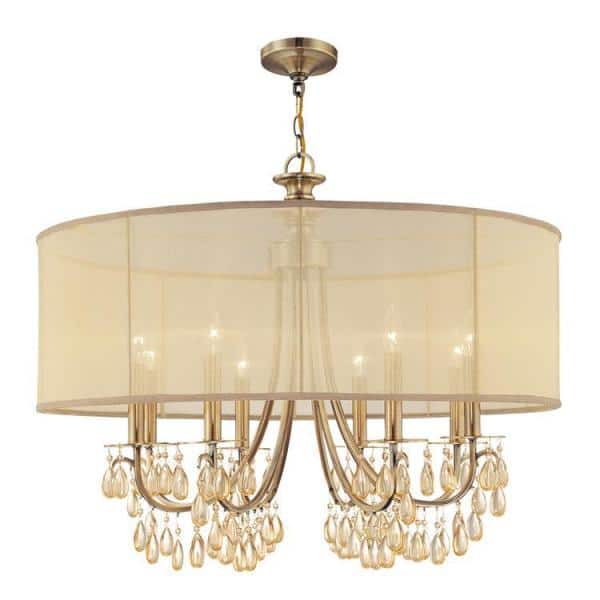 Elegant Antique Brass Drum Chandelier with Silk Shade and Etruscan Teardrop Crystals