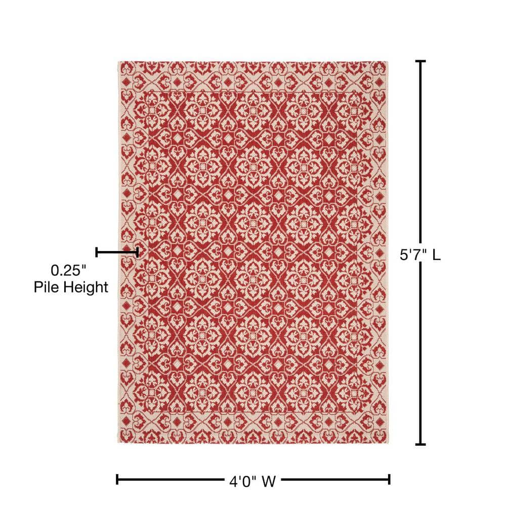 Red and Creme Reversible Synthetic Area Rug, 4'0" x 5'7"