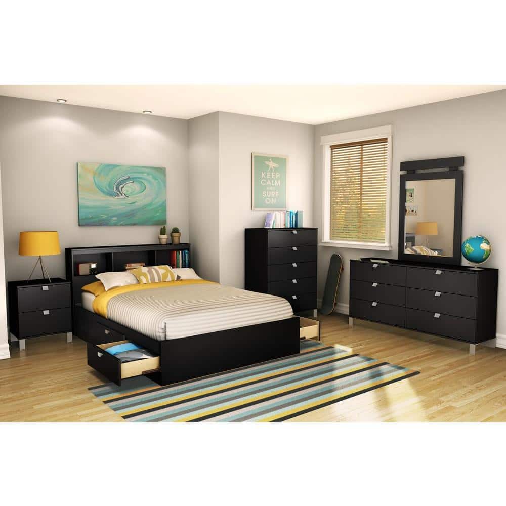 Full Black Wood Bookcase Headboard with Storage