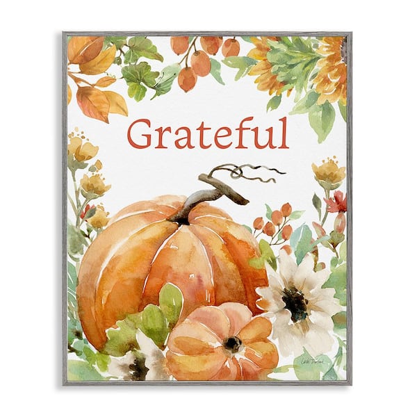 Stupell Industries Grateful Pumpkins & Flowers by Leslie Trimbach 1 Piece Framed Graphic Print Typography Poster Art Print 14 in. x 11 in.