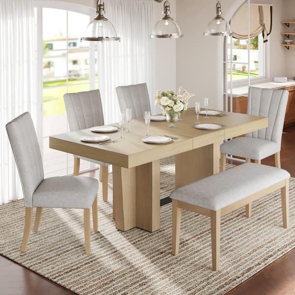 Inman 6-Piece Natural Plus Beige Extendable Wood Top Dining Table Set with Bench and Linen Upholstered Chairs