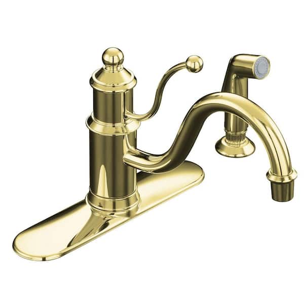 KOHLER Antique Single-Handle Standard Kitchen Faucet with Side Sprayer in Vibrant Polished Brass