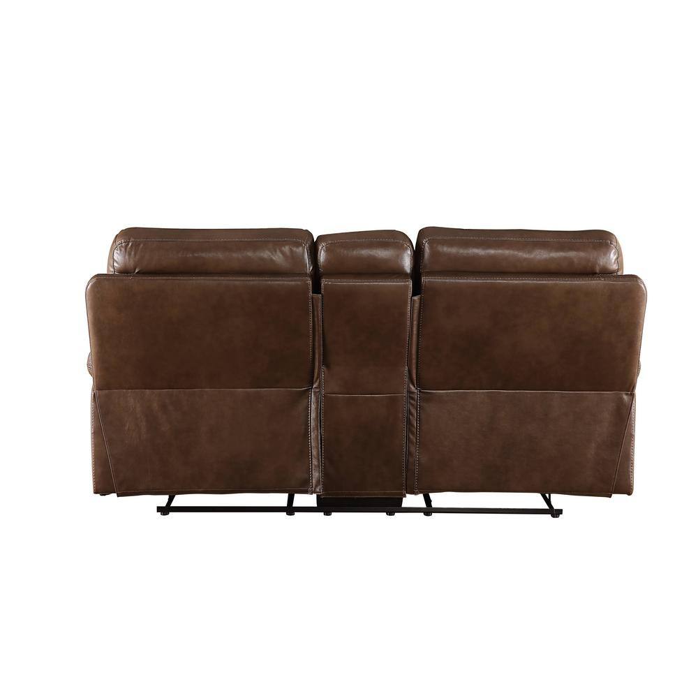 Aashi Brown Leather Tufted Reclining Loveseat with Storage Console