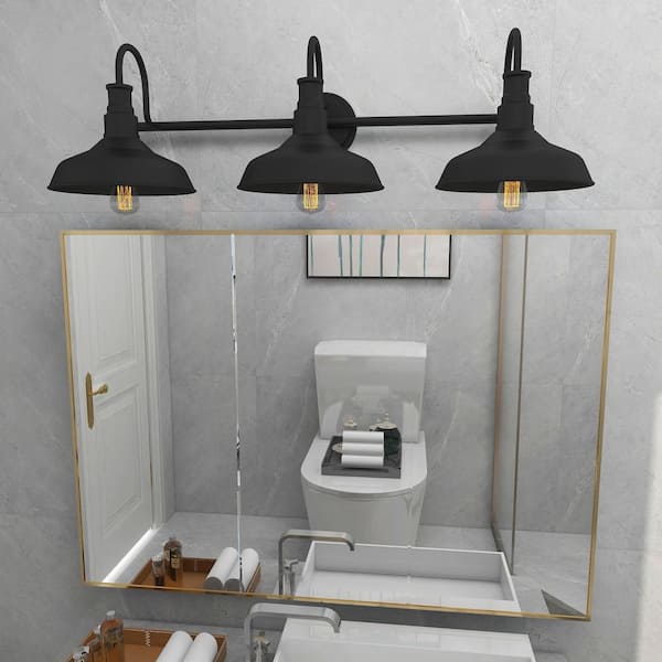 31.13 in. 3- Light Dark Bronze Retro Vanity Light with Steel Shade